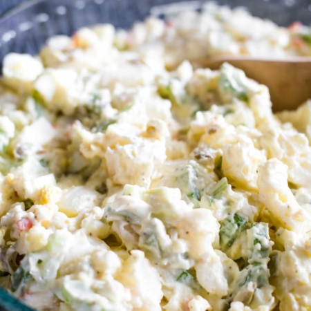 potato salad in large glass bowl