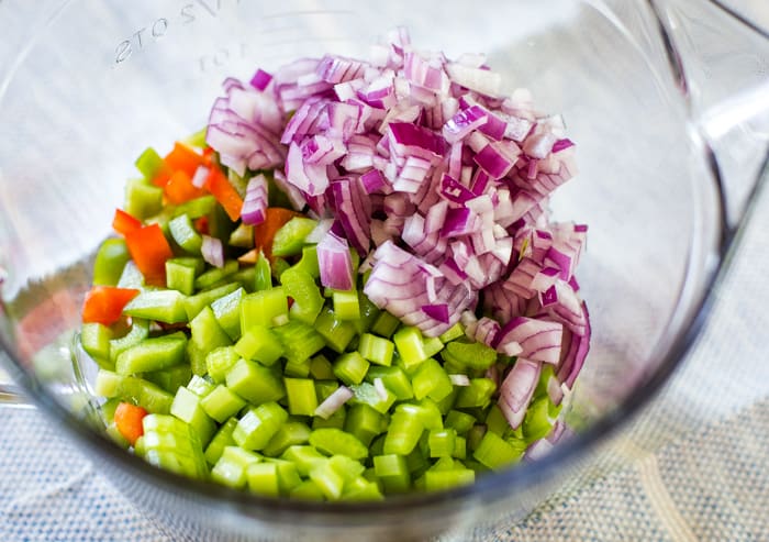 chopped crisp vegetables for macaroni salad