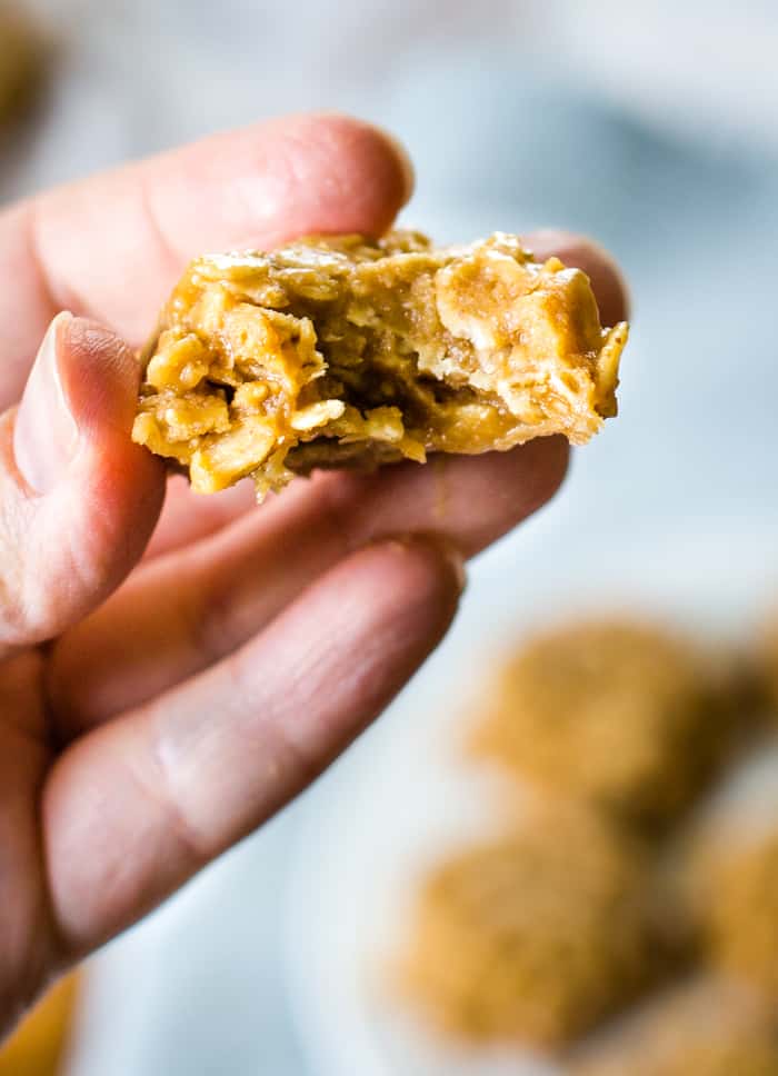 bite out of no bake oatmeal cookie