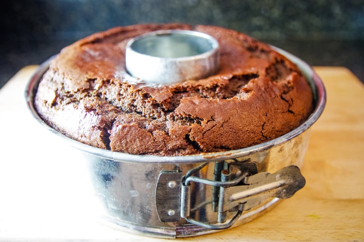 baked homemade chocolate cake in pan