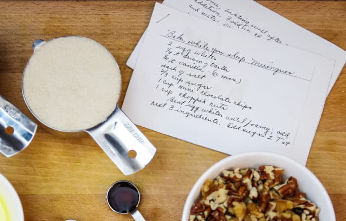 meringue cookies recipe card with ingredients