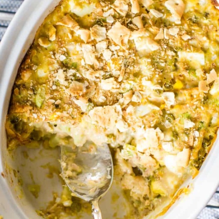 hot tuna salad in casserole bowl