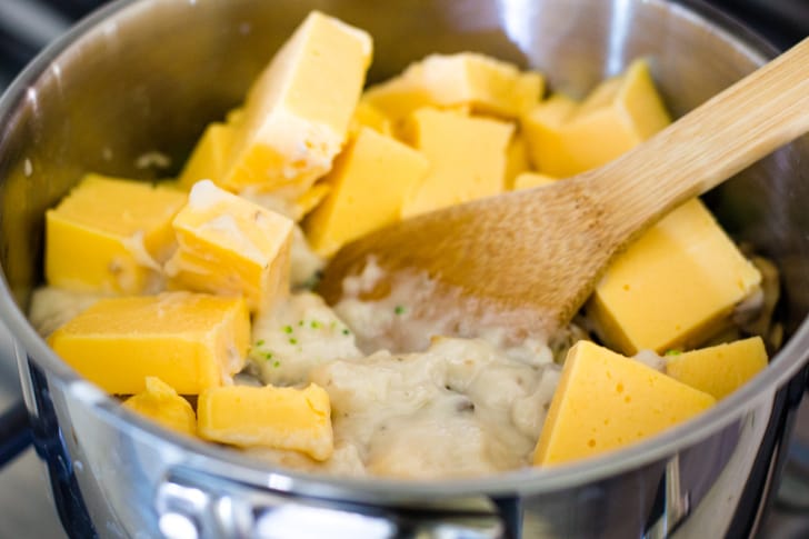 broccoli cheese dip ingredients in sauce pan