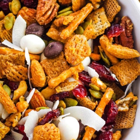 caramel chex mix in white bowl