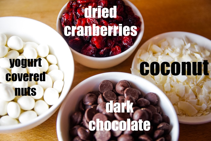 dried cranberries, coconut, yogurt covered nuts and dark chocolate in white bowls