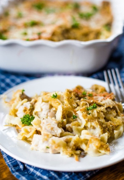 turkey casserole on plate with fork