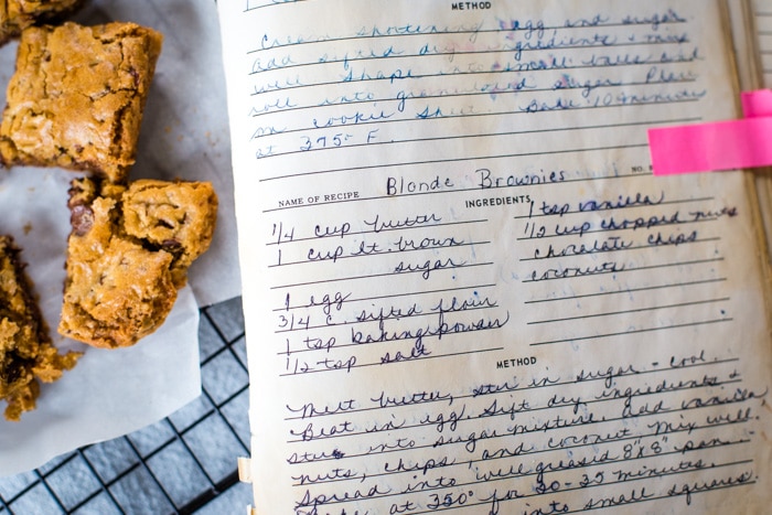blonde brownies recipe in vintage cookbook
