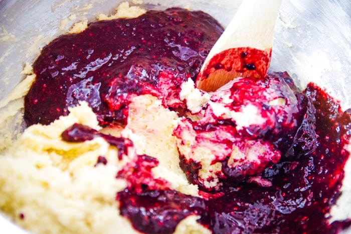 berries mixed into batter