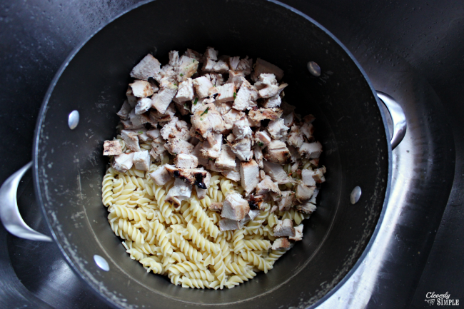 chicken and rotini pasta in stock pot