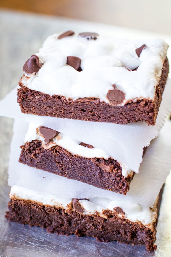 marshmallow brownies stacked on plate