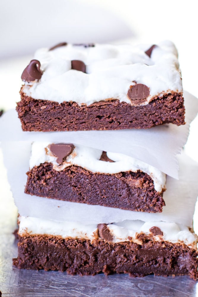 marshmallow brownies made from scratch stacked