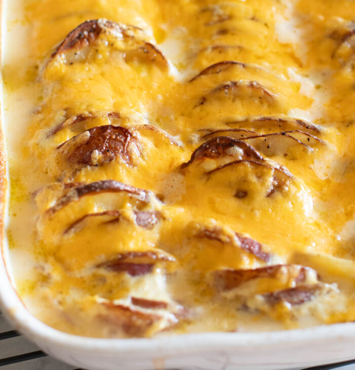 close up of baked scalloped potatoes