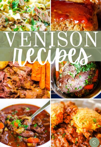 six picture of venison recipes with text overlay