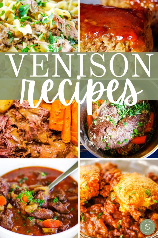 six picture of venison recipes with text overlay