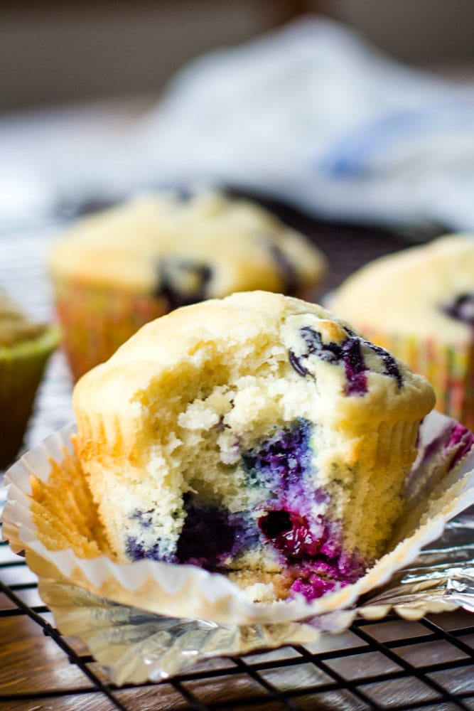 close up of blueberry muffin with bite out of it