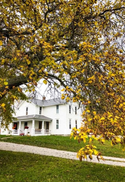 white farmhouse with yellow leaves on tree