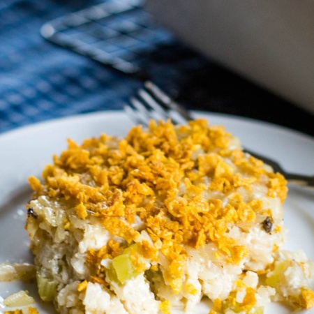 slice of chicken and rice casserole on plate