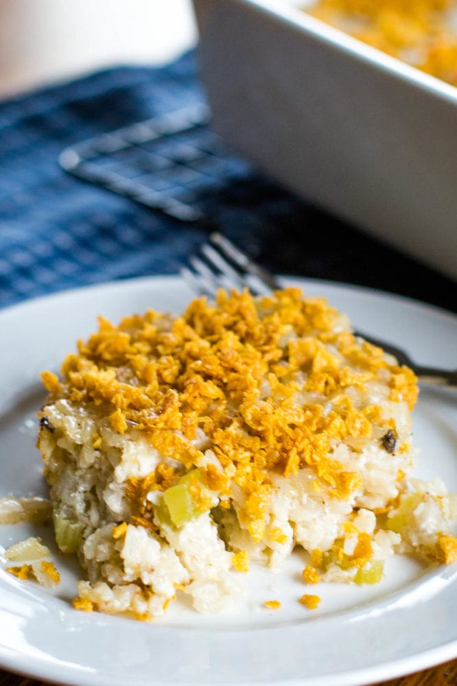 slice of chicken and rice casserole on plate