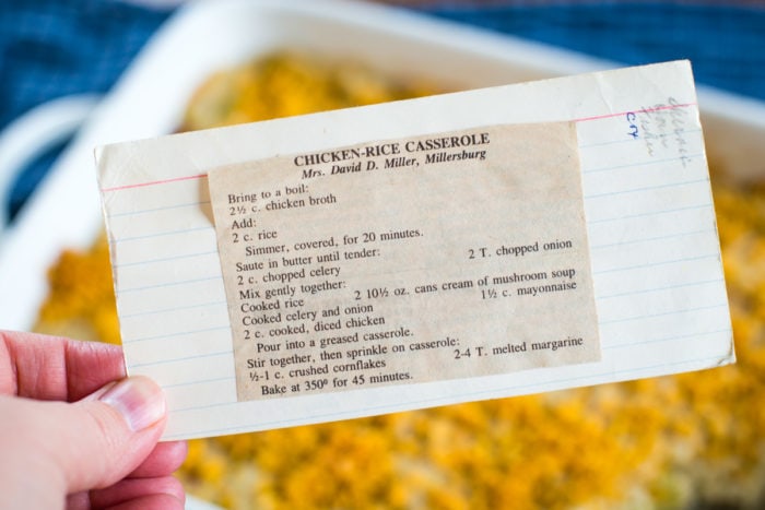 old recipe card for casserole