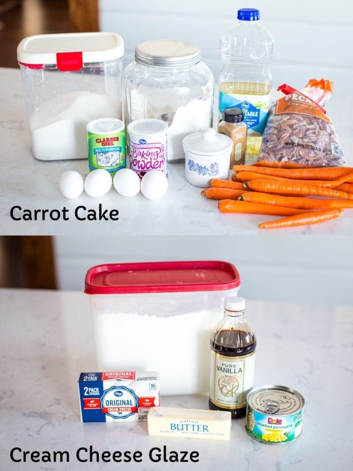 ingredients for carrot cake and glaze on counter top