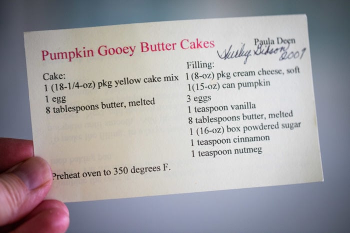 recipe card to make pumpkin gooey butter cake