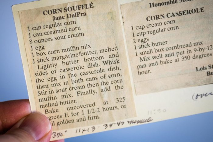 corn souffle or corn casserole vintage recipe card 