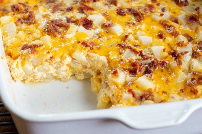 bacon potato casserole with slice taken out