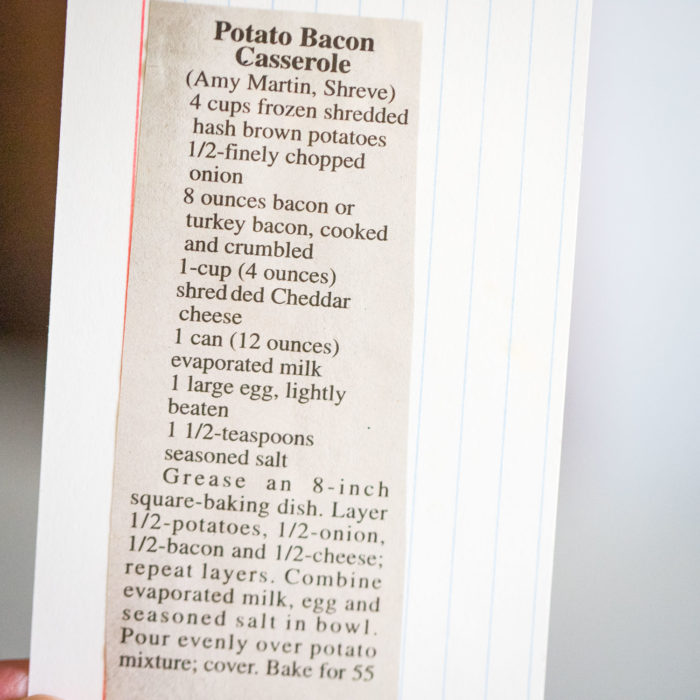 vintage recipe card for potato bacon casserole