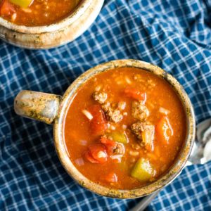 stuffed pepper soup in bowl with spoon