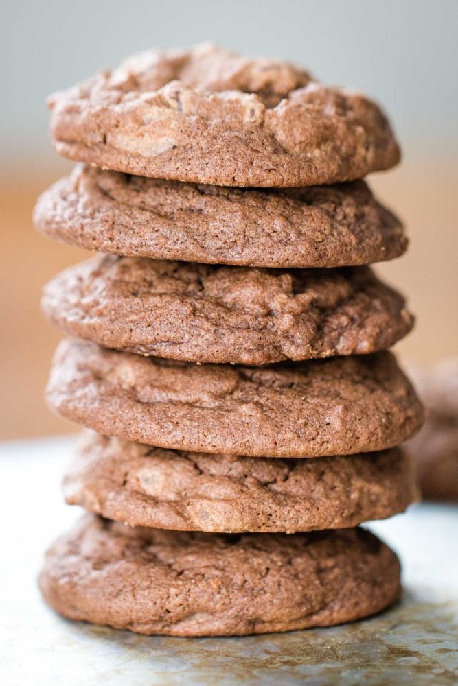 stack of chocolate chocolate chip cookies
