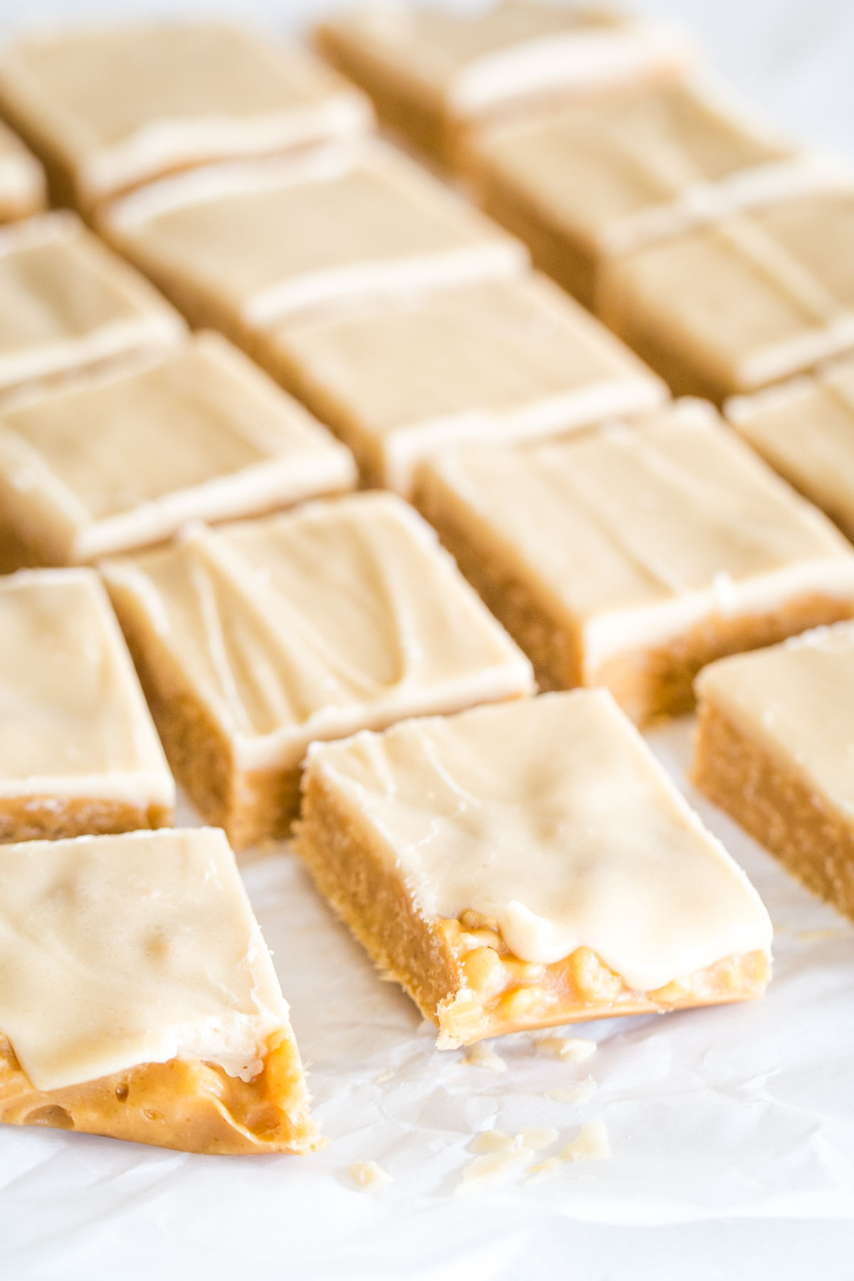 peanut butter bars sliced on parchment paper