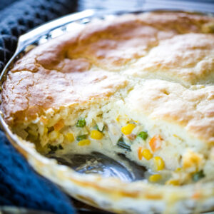 chicken pot pie with slice taken out showing pie filling