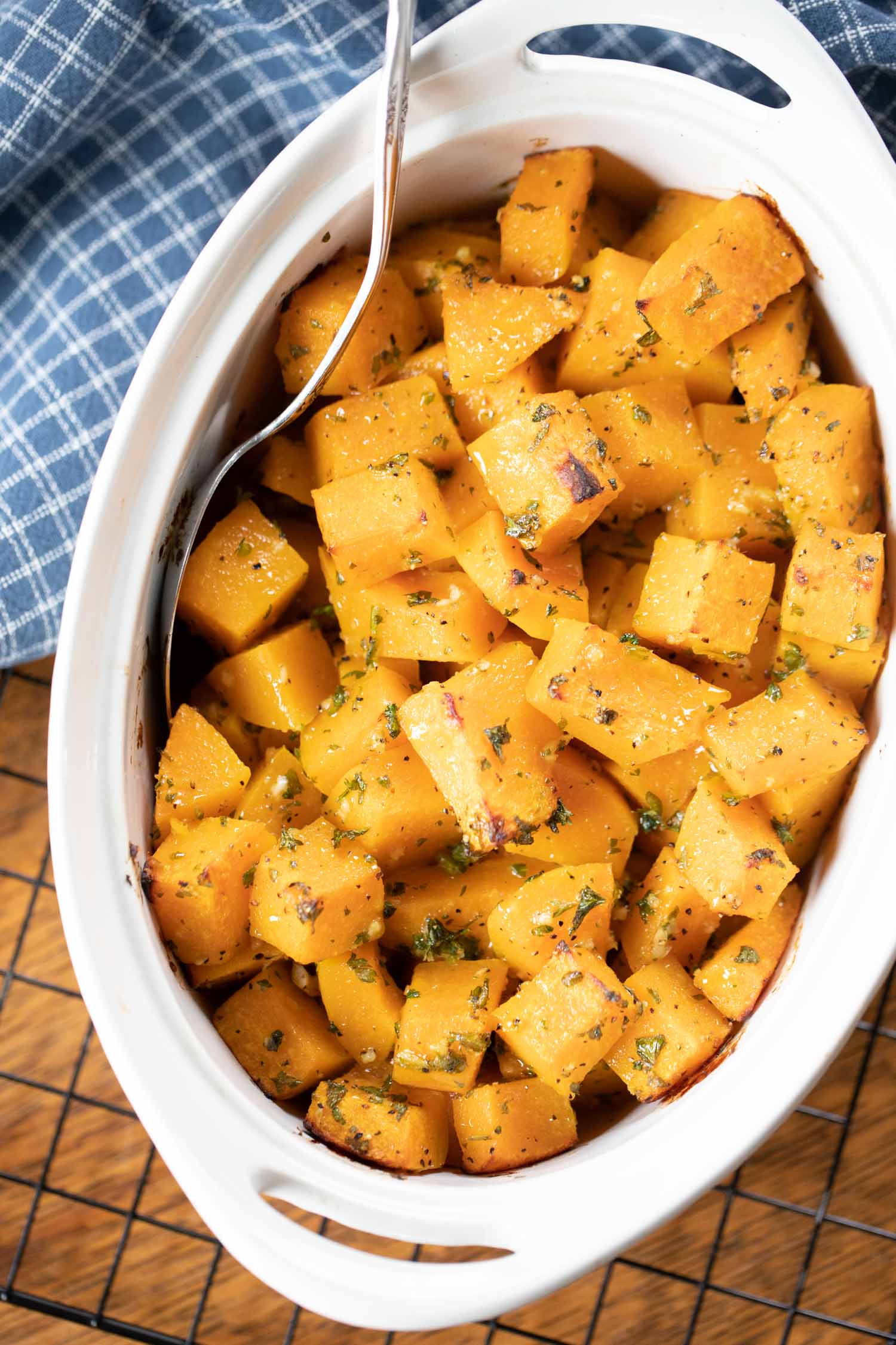 roasted butternut squash in baking dish