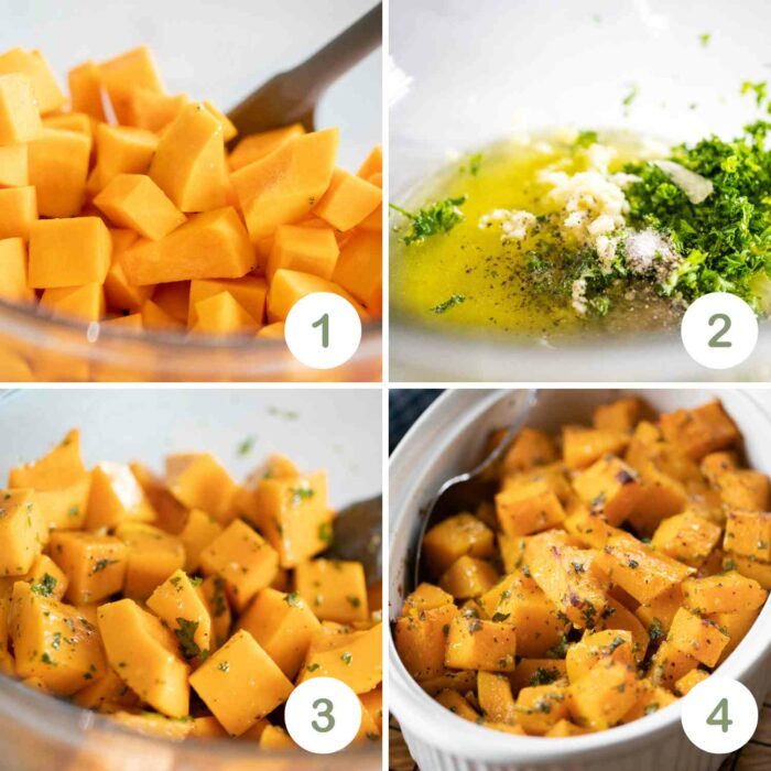 four photos showing the step by step process of making roasted butternut squash