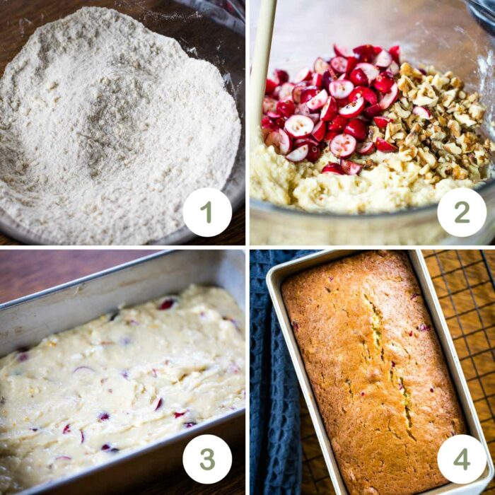 four photos showing mixing of batter and then baking nut bread