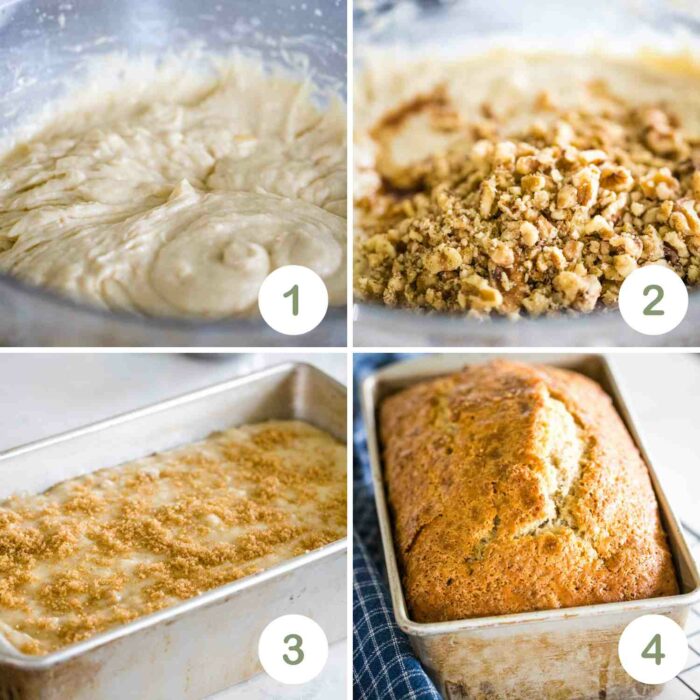 four steps to banana nut bread with pictures