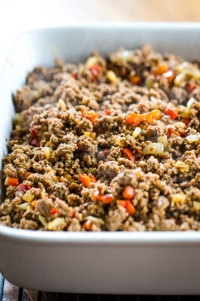 ground beef with peppers in baking dish