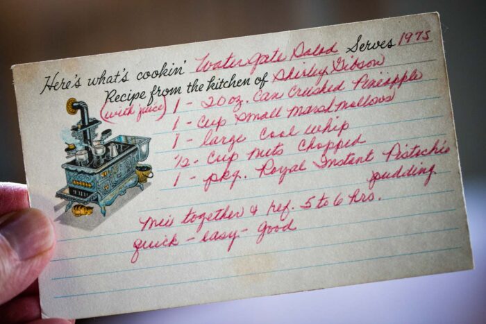 vintage recipe card for water gate salad dated 1975