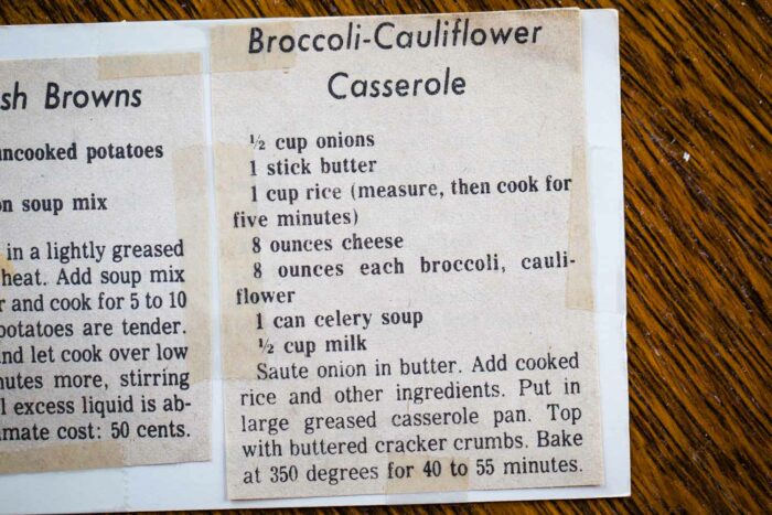 newspaper clipped of vintage recipes for broccoli cauliflower casserole recipe