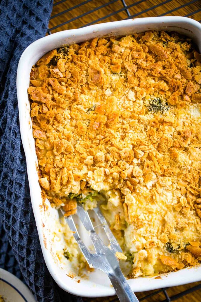 top view of baked broccoli and cauliflower casserole