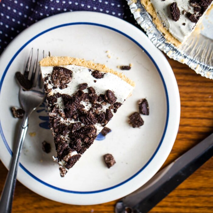 top of piece of oreo pie with fork on plate