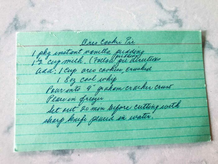 vintage recipe card for oreo pudding pie