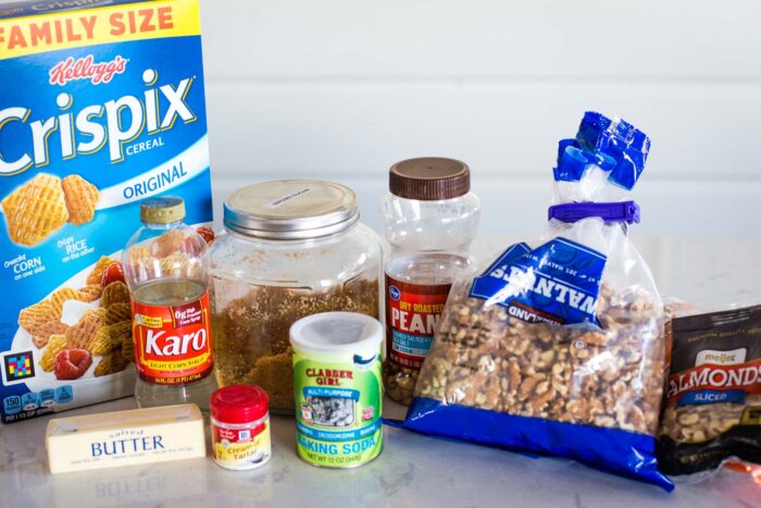 ingredients for caramel snack mix together on the countertop in kitchen
