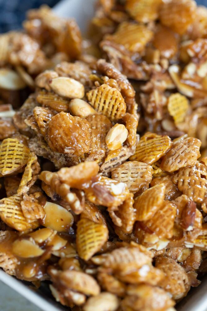 plate full of caramel snack mix