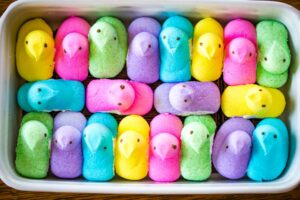 layer of peeps on chocolate layer