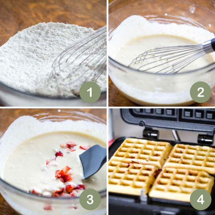 four pictures showing batter to waffle maker recipe steps