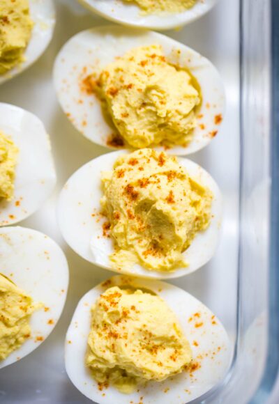 deviled eggs in glass container