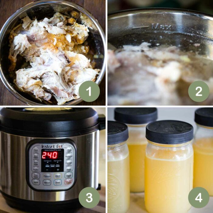 four photos showing chicken in instant pot and in jars