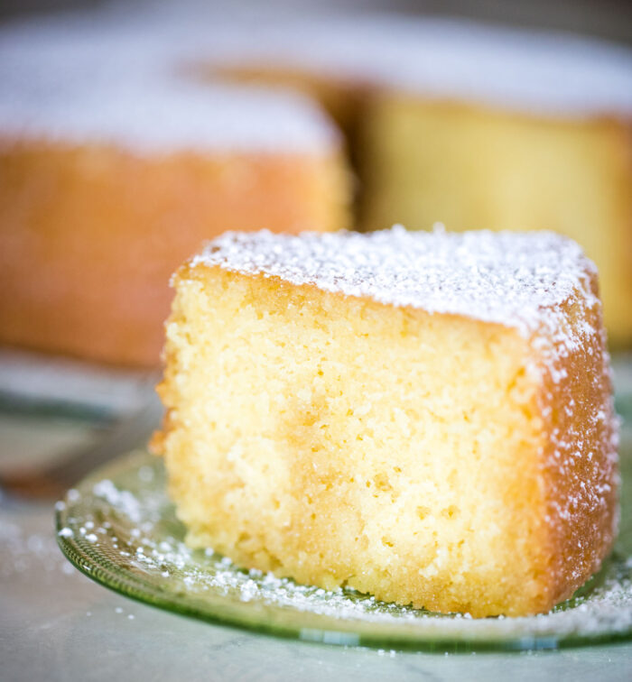 close up of slice of butter cake