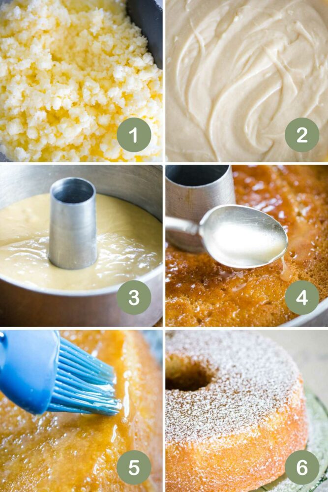 six pictures showing how to make kentucky butter cake from batter to adding to the glaze